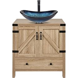 Farmhouse Wood Finish Bathroom Vanity w/ Blue Glass Sink Black Faucet and Drain - Free Shipping