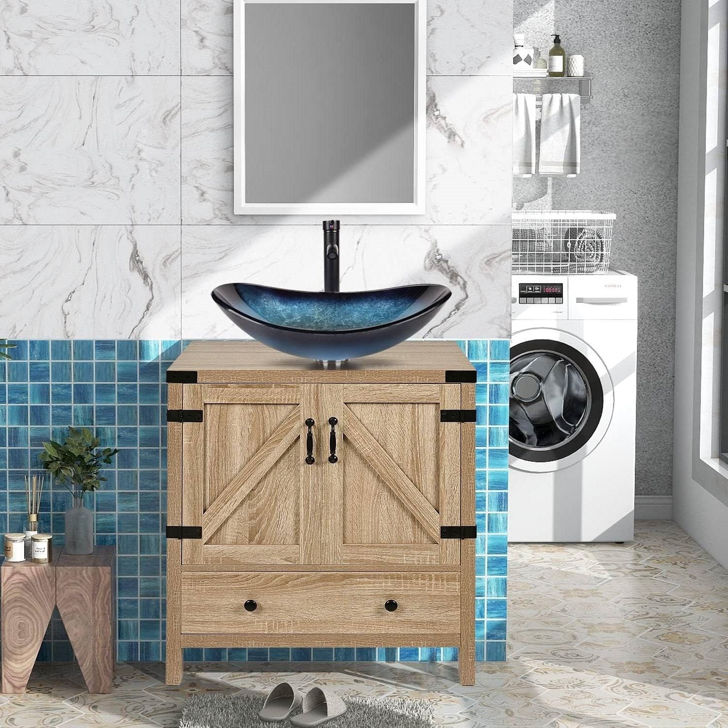 Farmhouse Wood Finish Bathroom Vanity w/ Blue Glass Sink Black Faucet and Drain - Free Shipping
