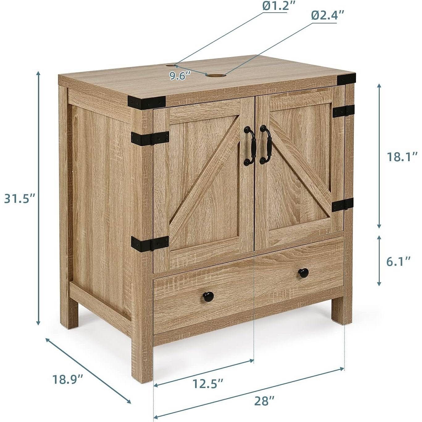 Farmhouse Wood Finish Bathroom Vanity w/ Blue Glass Sink Black Faucet and Drain - Free Shipping