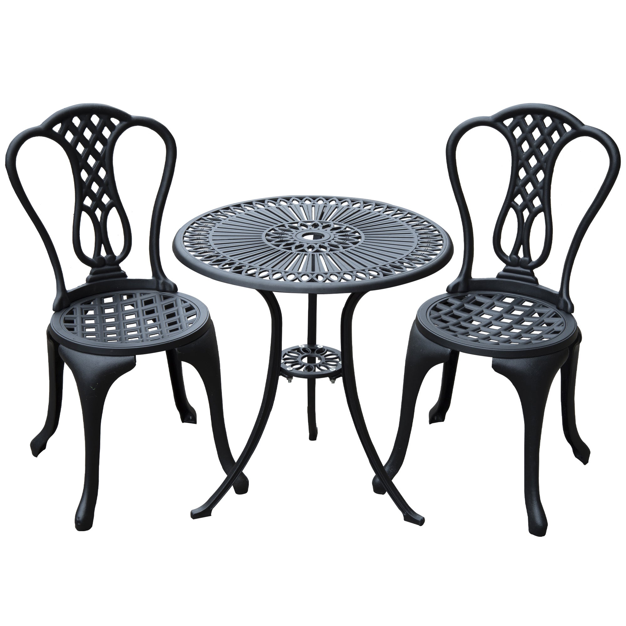 Outsunny 3 Pieces Antique Outdoor Bistro Set Cast Aluminum Patio Table and Chairs with Umbrella Hole Black