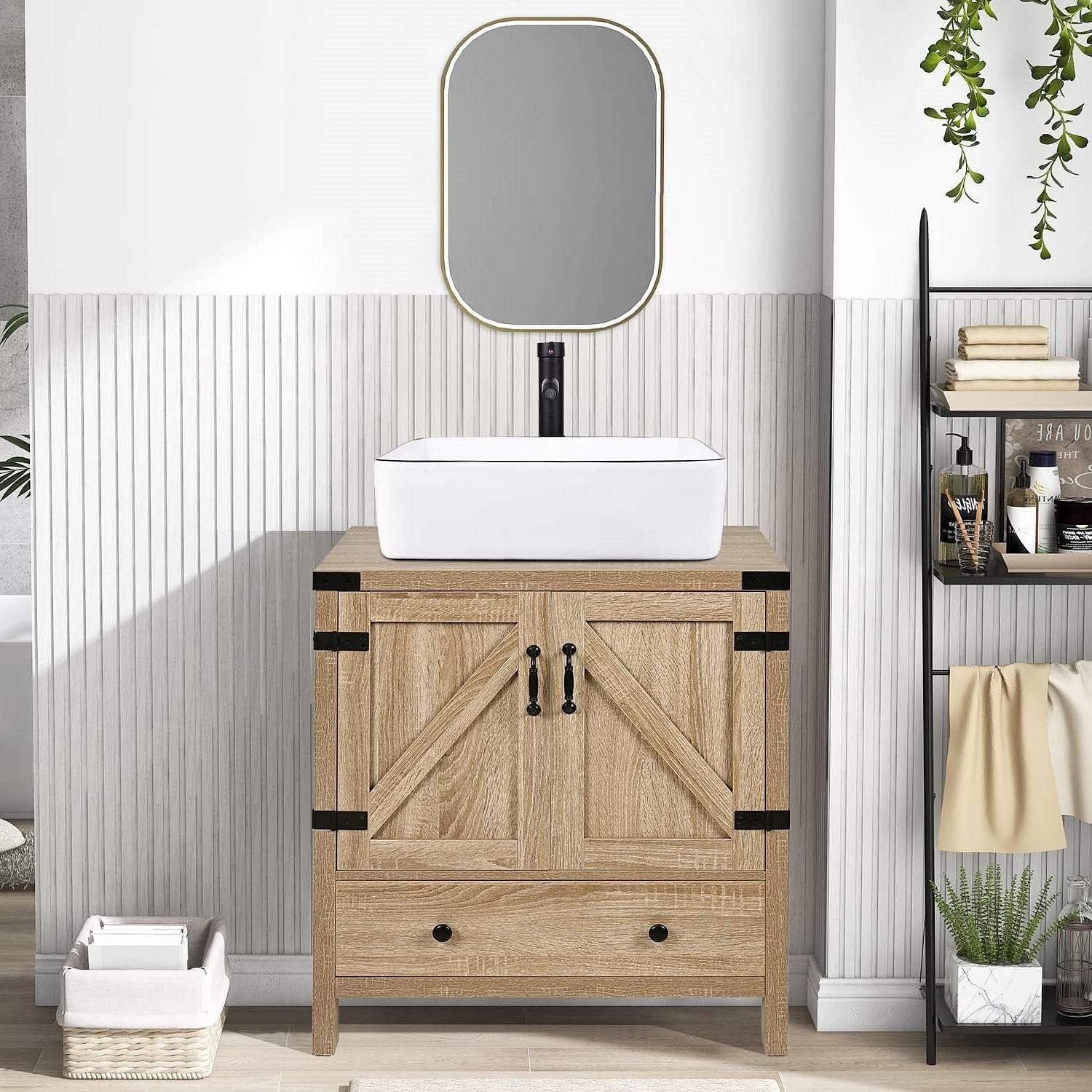 Farmhouse Wood Finish Bathroom Vanity with White Sink - Black Faucet and Drain - Free Shipping