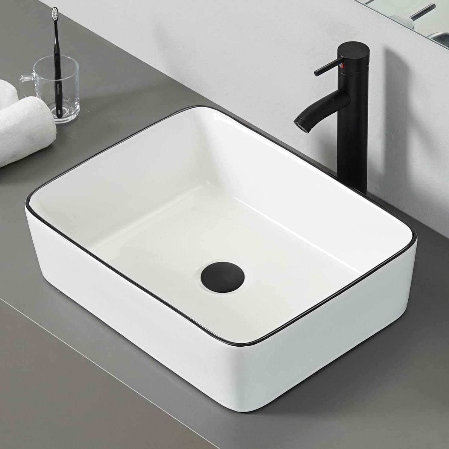 Farmhouse Wood Finish Bathroom Vanity with White Sink - Black Faucet and Drain - Free Shipping