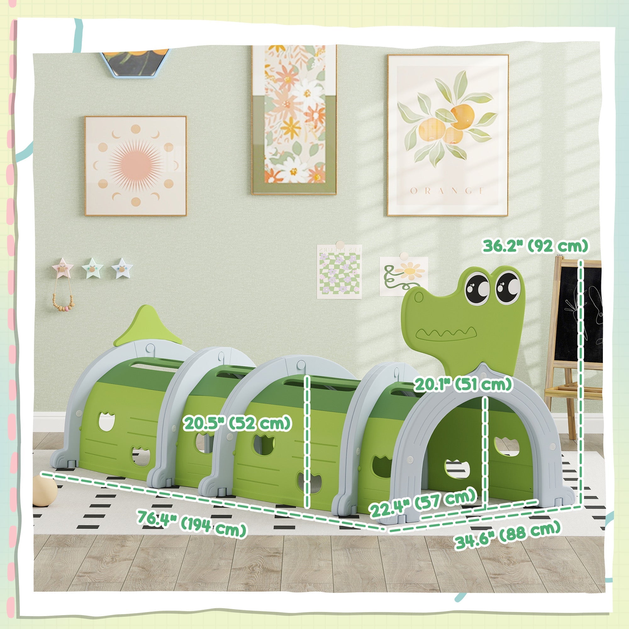 Qaba Crocodile Design Kids Play Tunnel for Indoor Outdoor, Green