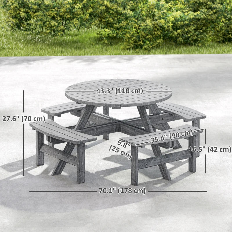 8 Seater Round Wooden Pub Bench & Picnic Table, Patio Dining Set for Outdoor Patio (Umbrella Not Included)