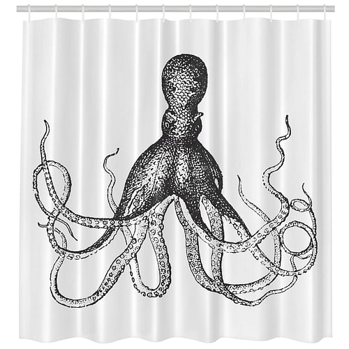 Machine Washable Black White Vintage Octopus Shower Curtain - Free Shipping