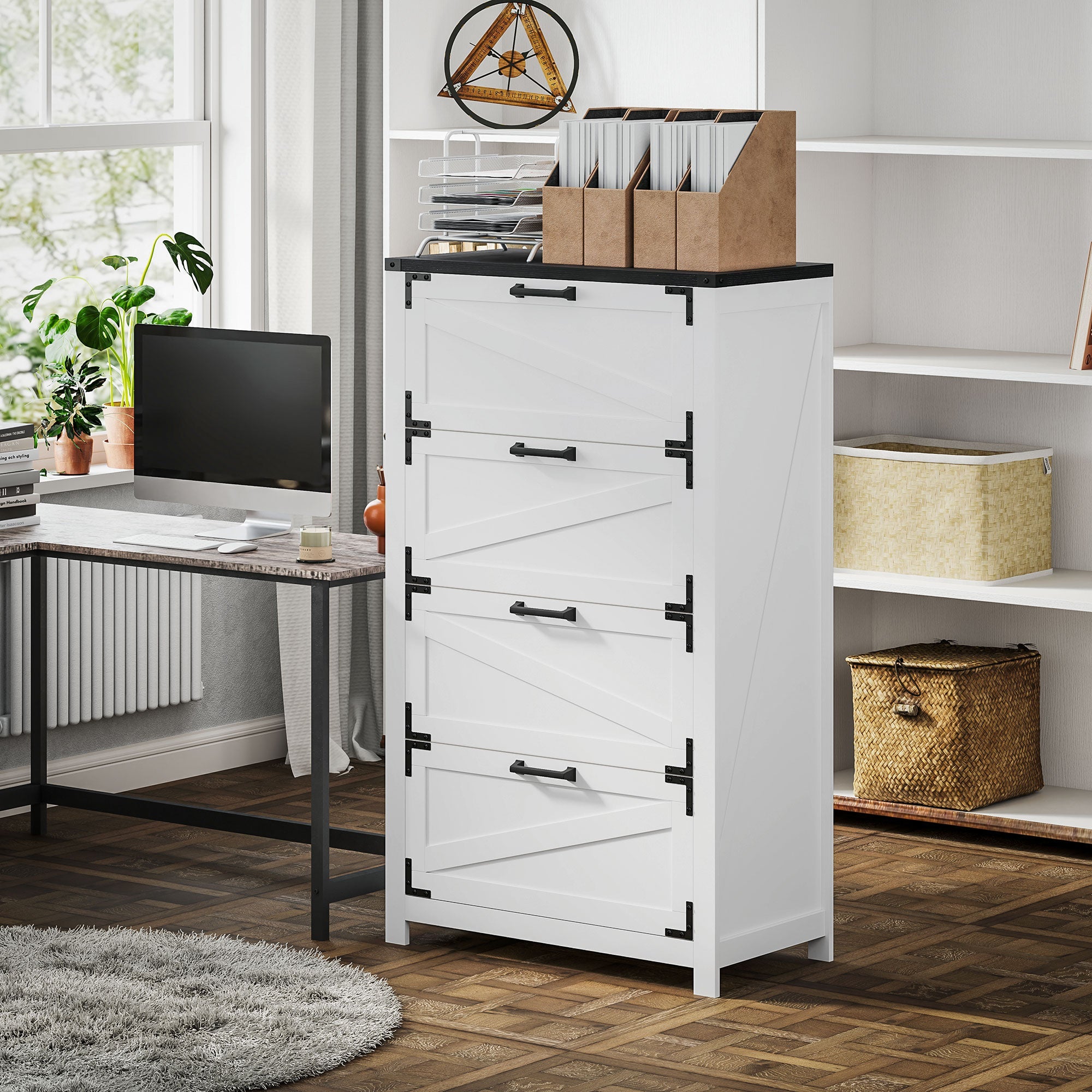 HOMCOM 4 Drawer Filing Cabinet, Farmhouse Office Storage Cabinet with Adjustable Hanging Bars for Letter, A4, Legal Size, White