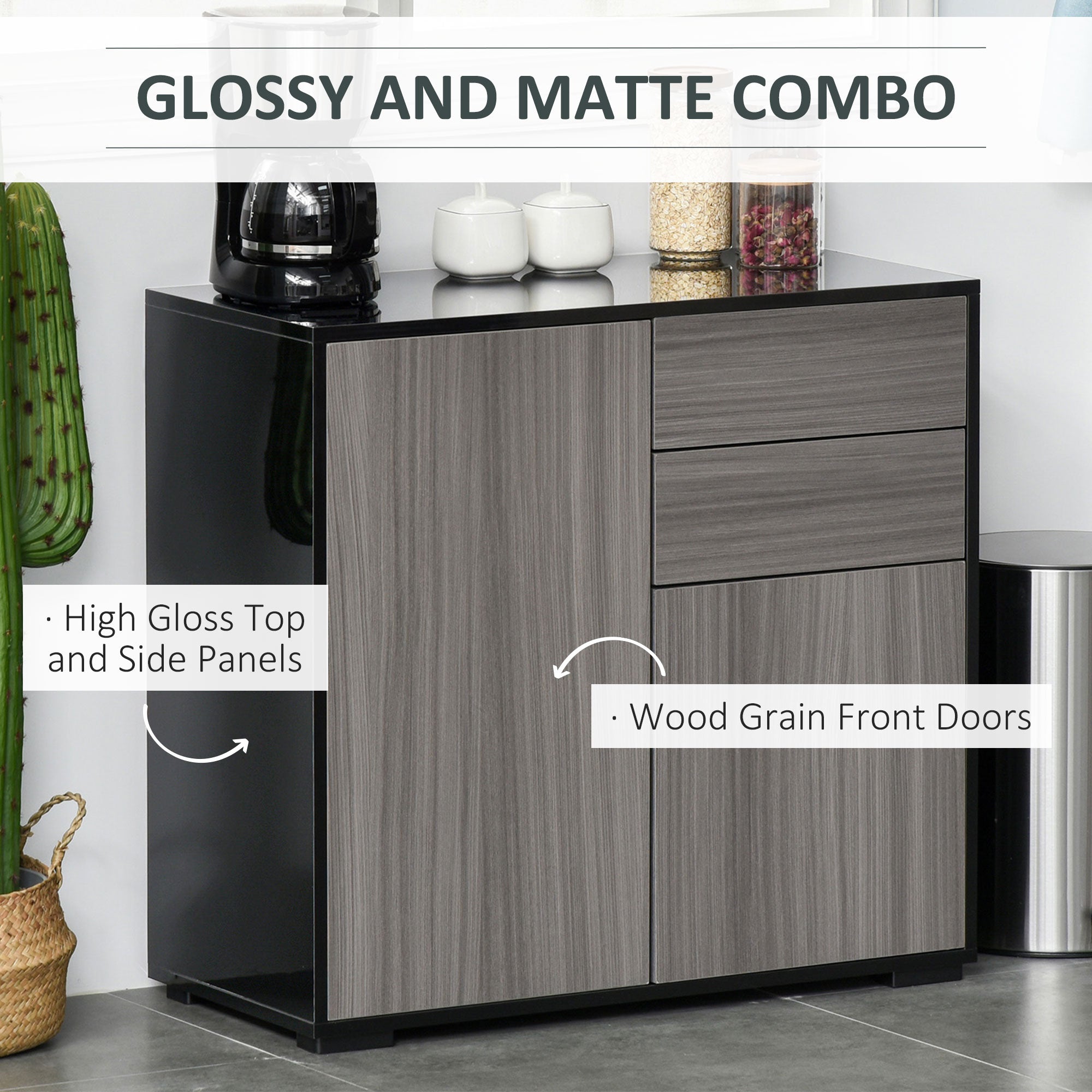 HOMCOM Stylish Buffet Sideboard High Gloss Grey Black Kitchen Storage Cabinet Cupboard with Push Open Design 2 Drawer 2 Doors Shelf