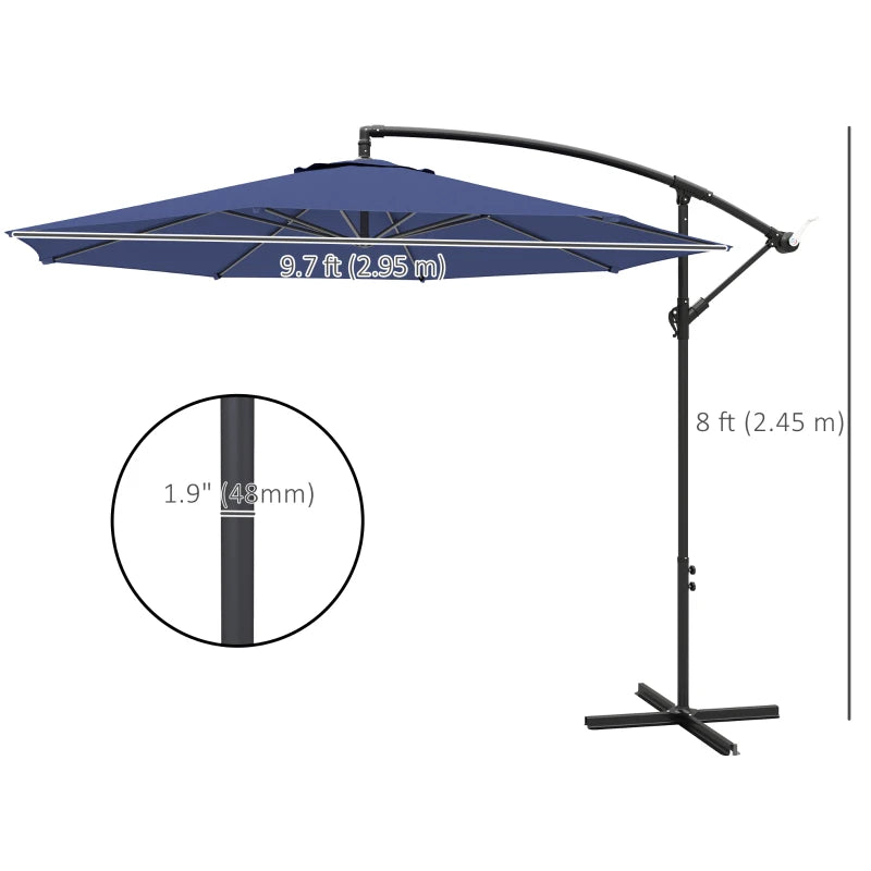 9.7ft Offset Patio UmbrellaCantilever Parasol with Crank Handle, 8 Ribs and Cross Base for Outdoor, Sun Shade, Blue