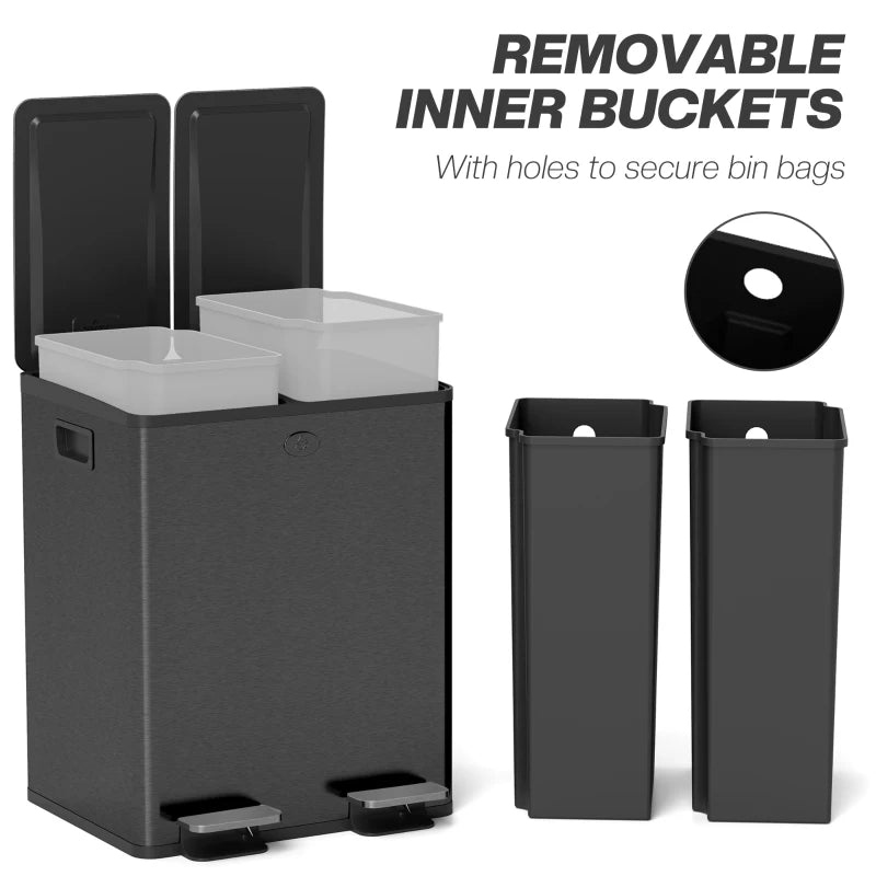 Dual Garbage Bin, Soft-Close Trash Can with Foot Pedal, 2 x 20 Liter Garbage Can with Removable Inner Buckets, Black