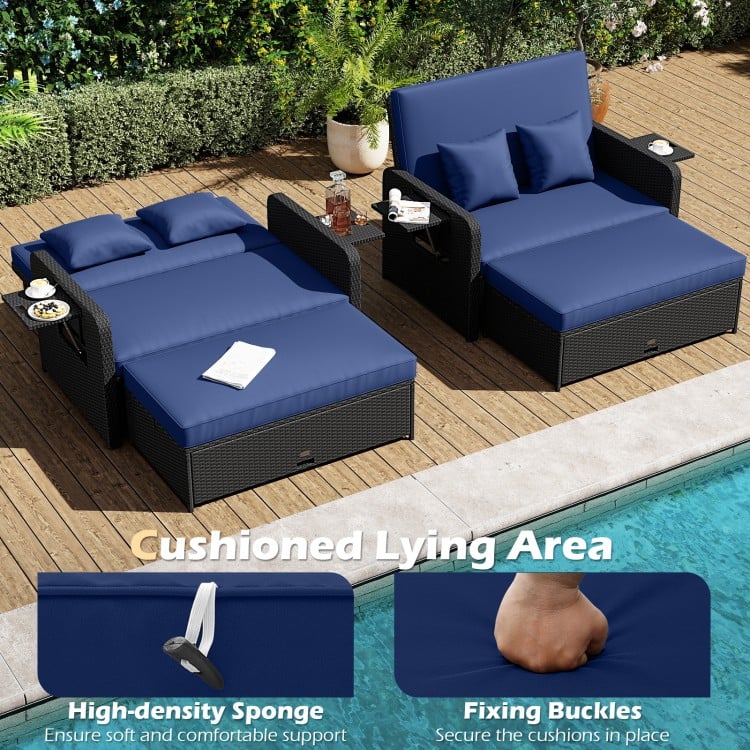 PE Wicker Outdoor Daybed with 4-Level Adjustable Backrest and Storage Ottoman-Navy