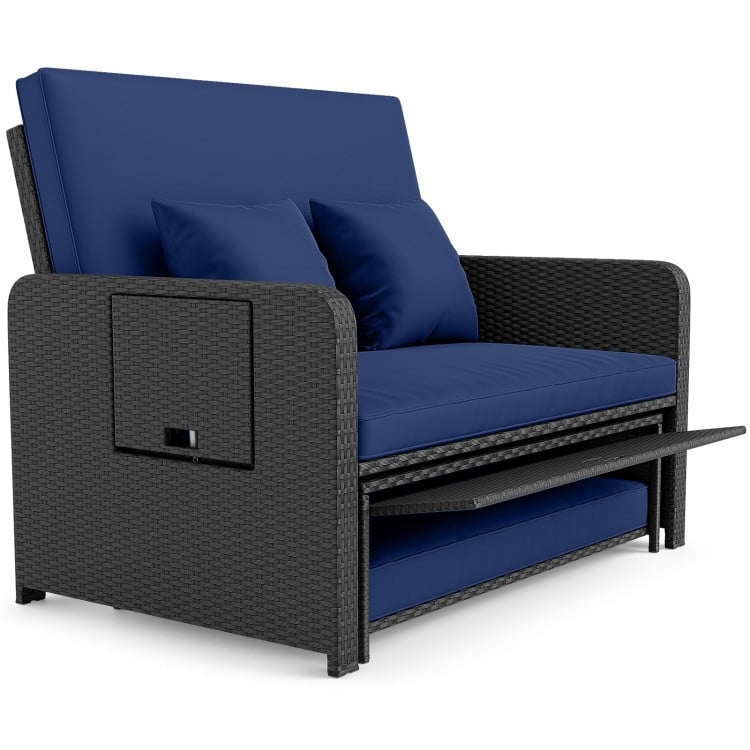 PE Wicker Outdoor Daybed with 4-Level Adjustable Backrest and Storage Ottoman-Navy