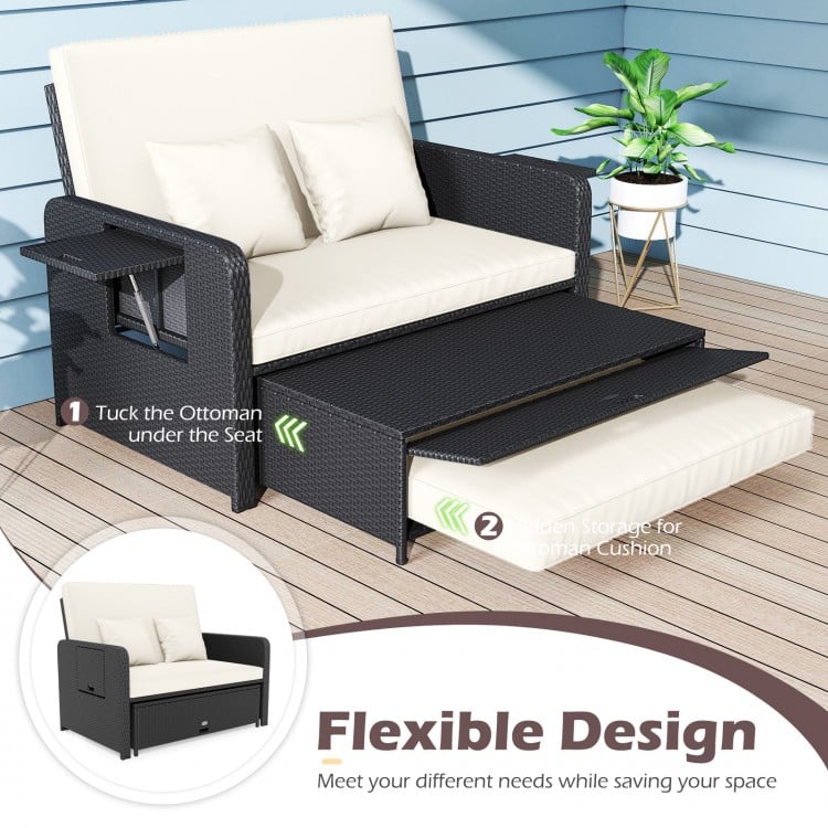 PE Wicker Outdoor Daybed with 4-Level Adjustable Backrest and Storage Ottoman-White
