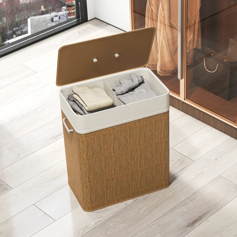 Double Laundry Basket with Lid, 100L Bamboo Laundry Hamper with Rope Handles and Removable Bags, Brown