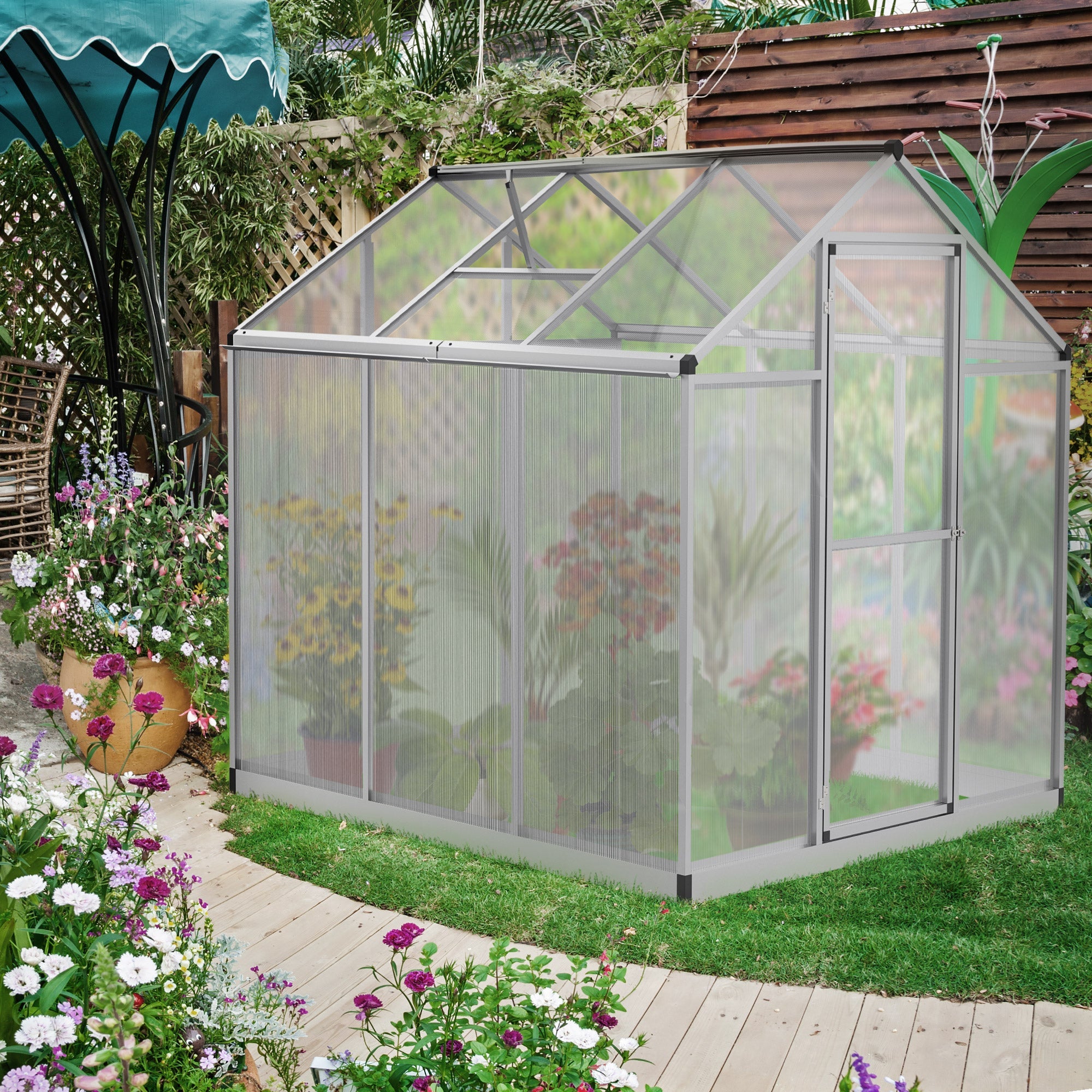 Outsunny Walk-In Greenhouse 6'x6' Polycarbonate Plant Flower Growth Cold Frame Weather Resistant Gardening Planting Growing Clear