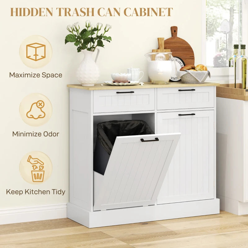 Hidden Garbage Bin Cabinet, Tilt Out Trash Cabinet w/ 2 Drawers, Freestanding Kitchen Island for Laundry, White