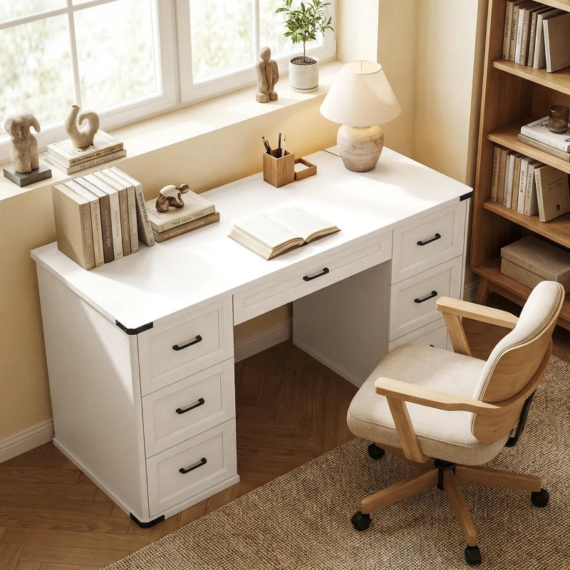 55" Computer Desk with 7 Drawers, Farmhouse Executive Desk for Home Office, Study, Bedroom, White Wood Grain