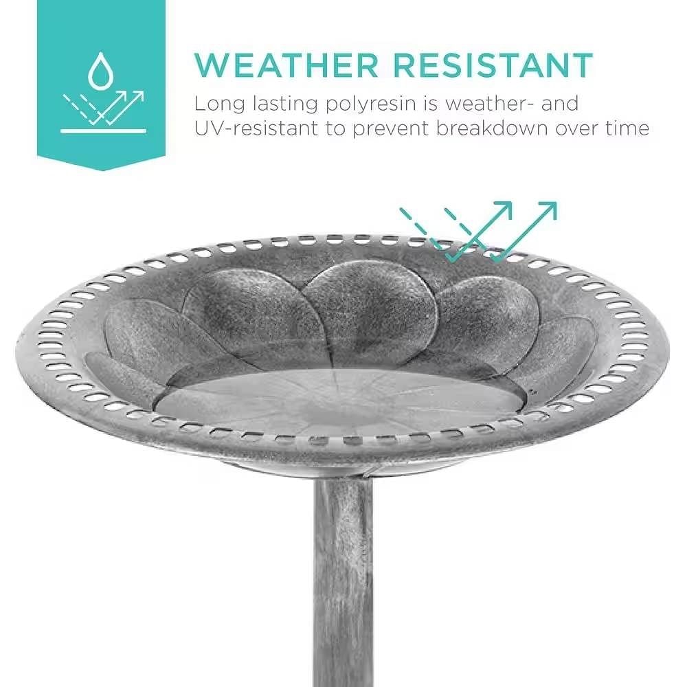 Outdoor Weather Resistant Polyresin Bird Bath in Rustic Aged Silver Finish - Free Shipping