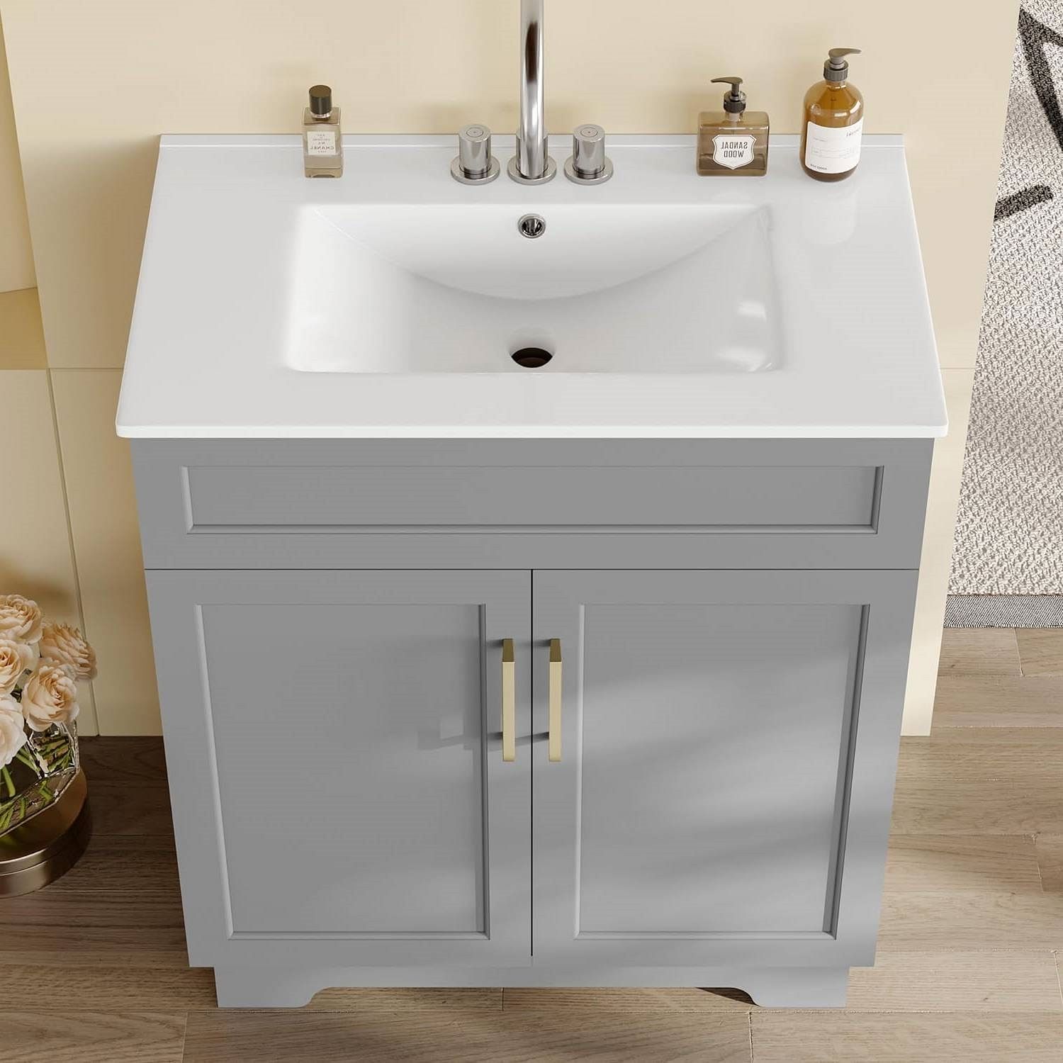 Modern 30-inch Gray Wood Finish Bathroom Vanity with White Ceramic Sink - Free Shipping