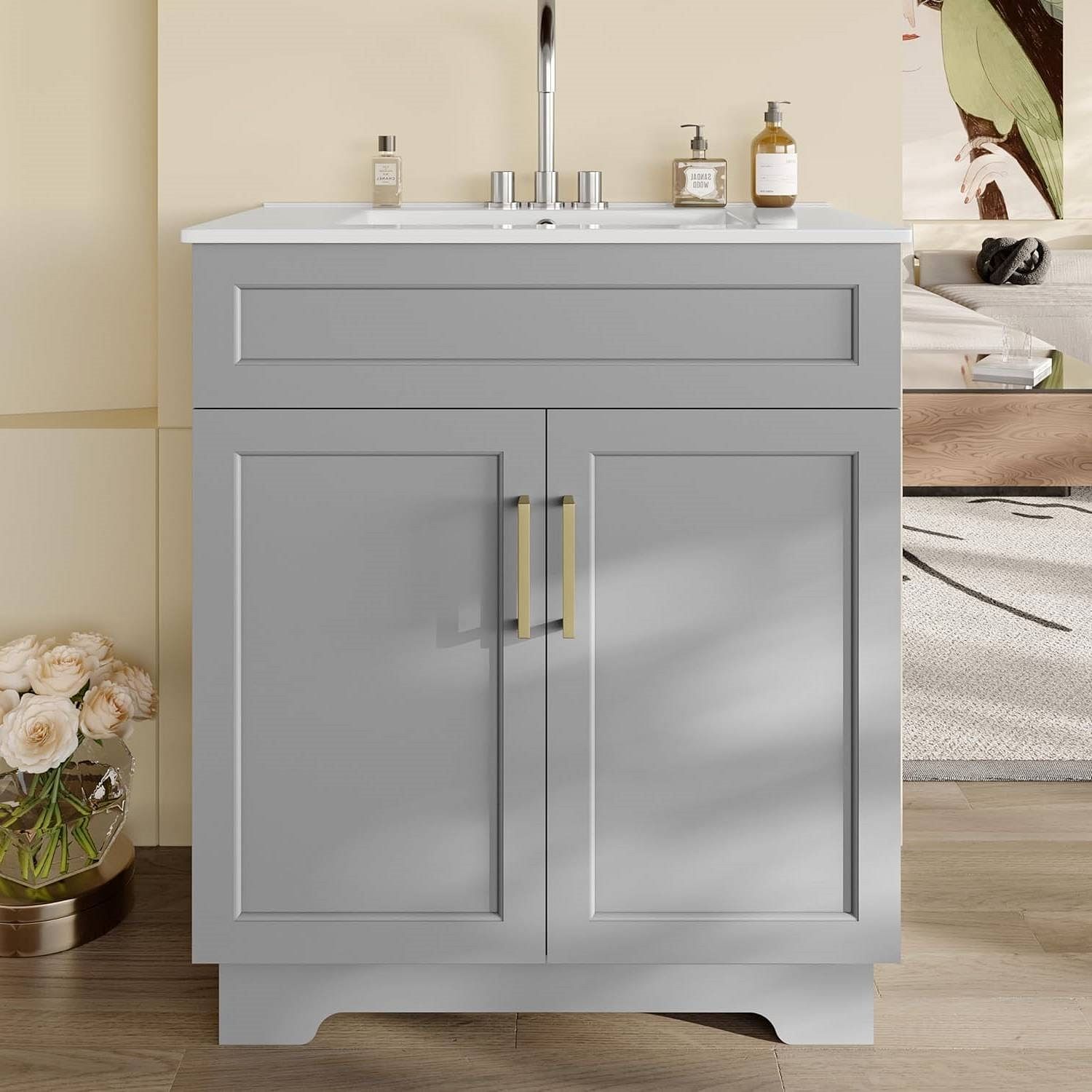 Modern 30-inch Gray Wood Finish Bathroom Vanity with White Ceramic Sink - Free Shipping