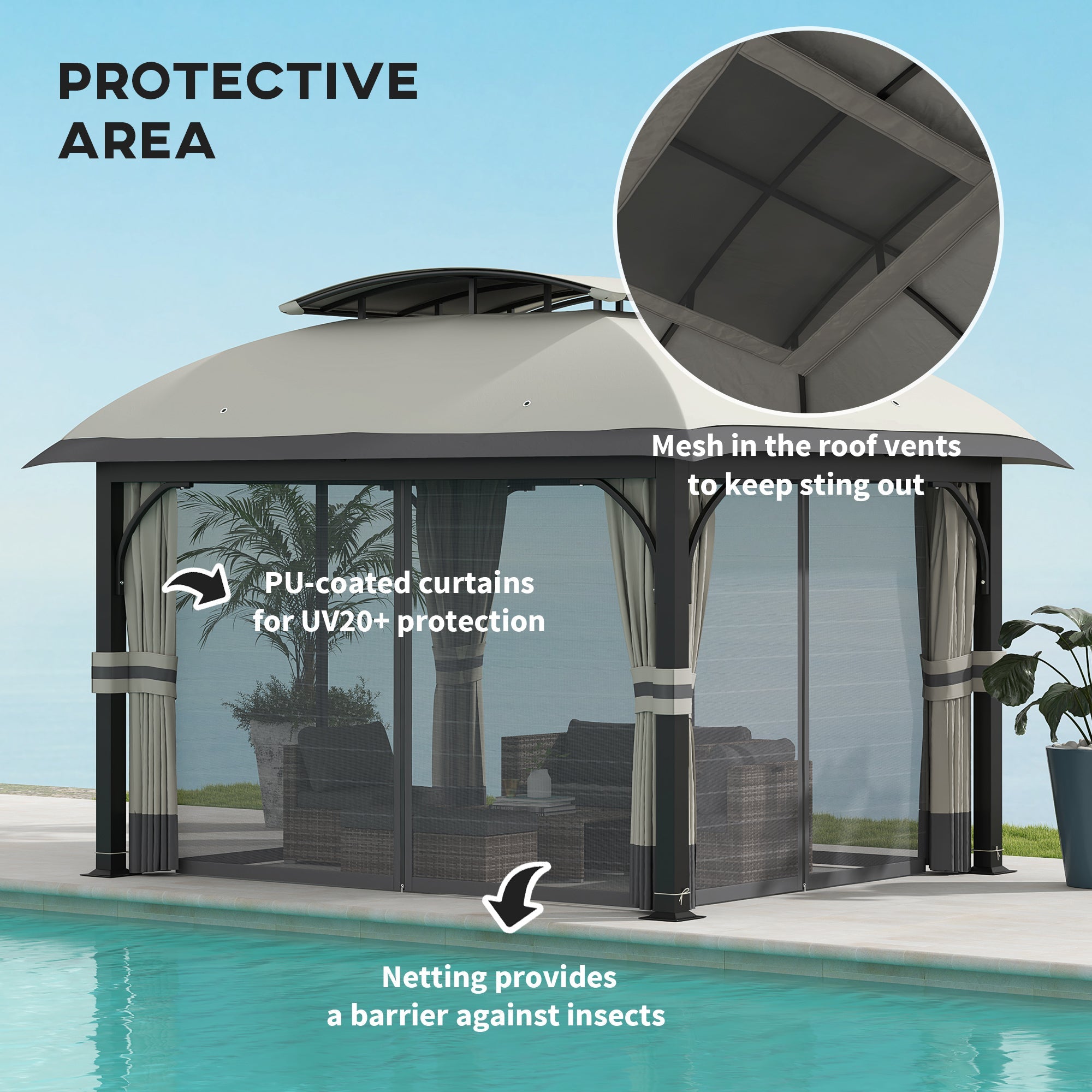 Outsunny 11' x 13' Patio Gazebo, Double Roof Outdoor Gazebo Canopy with Netting & Curtains, Galvanized Metal Frame, Light Grey