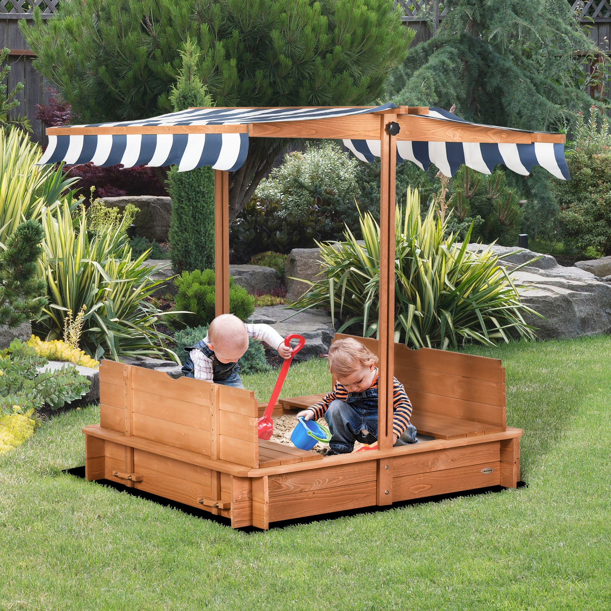 Outsunny Kids Sandbox Wooden with Cover Adjustable Canopy Foldable Bench Seats Sand Play Red