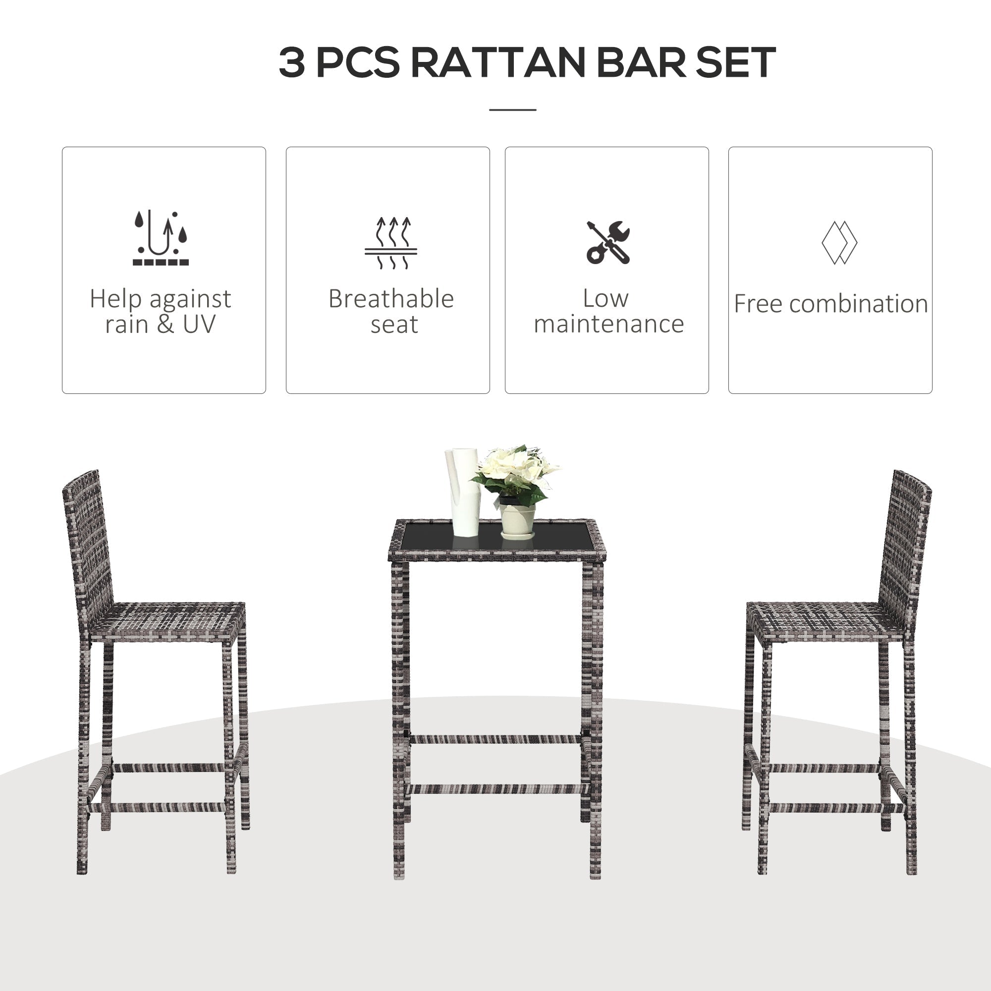 Outsunny 3 Piece Patio Bar Set Wicker Rattan Bistro Set Barstool and Table Patio Backyard Balcony Poolside Grey