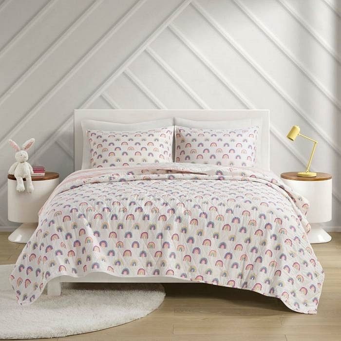 Full/Queen 3 Piece Pink White Stripe Reversible Rainbows Cotton Quilt Set - Free Shipping