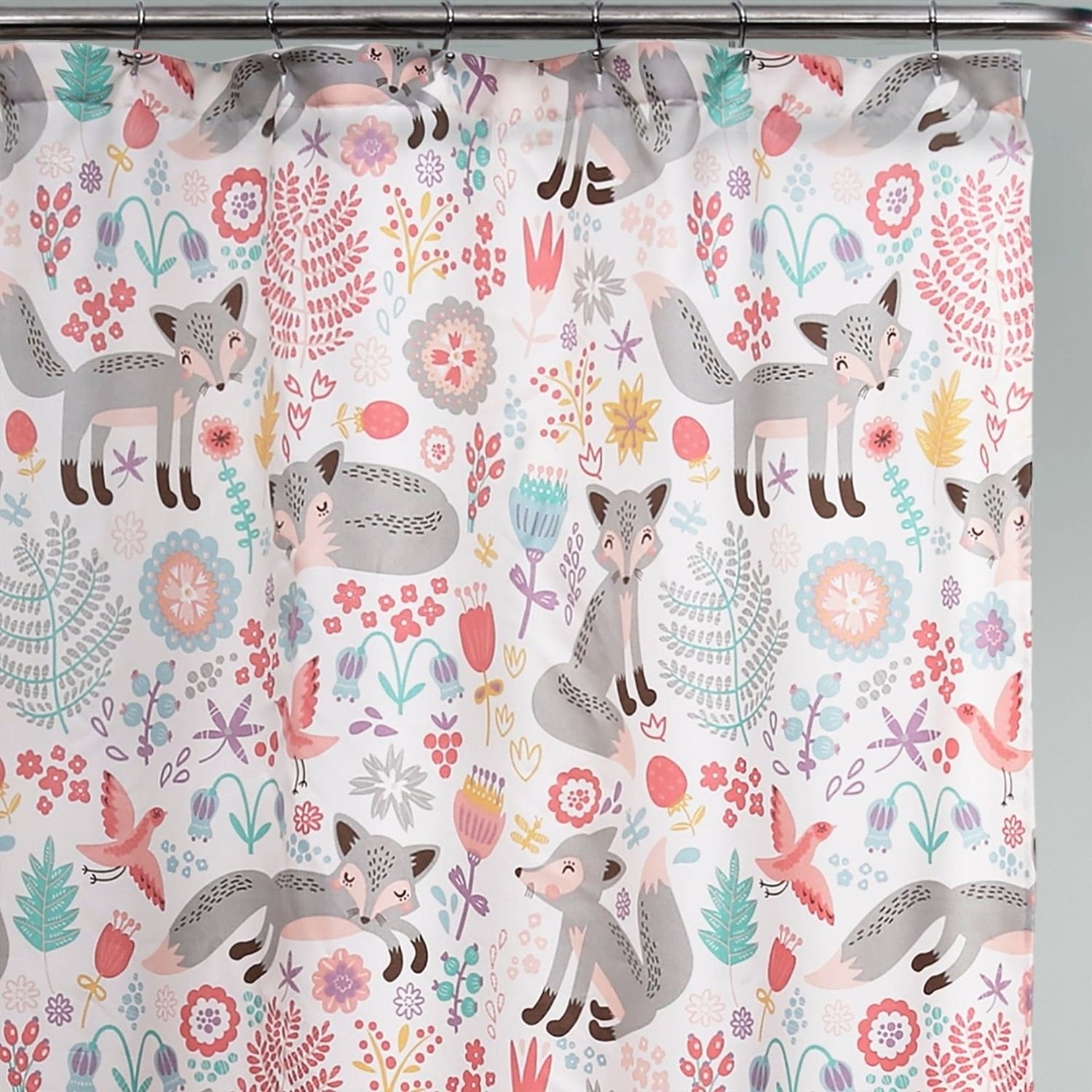 72-inch Pink Grey Teal Floral Fox Birds Polyester Shower Curtain - Free Shipping