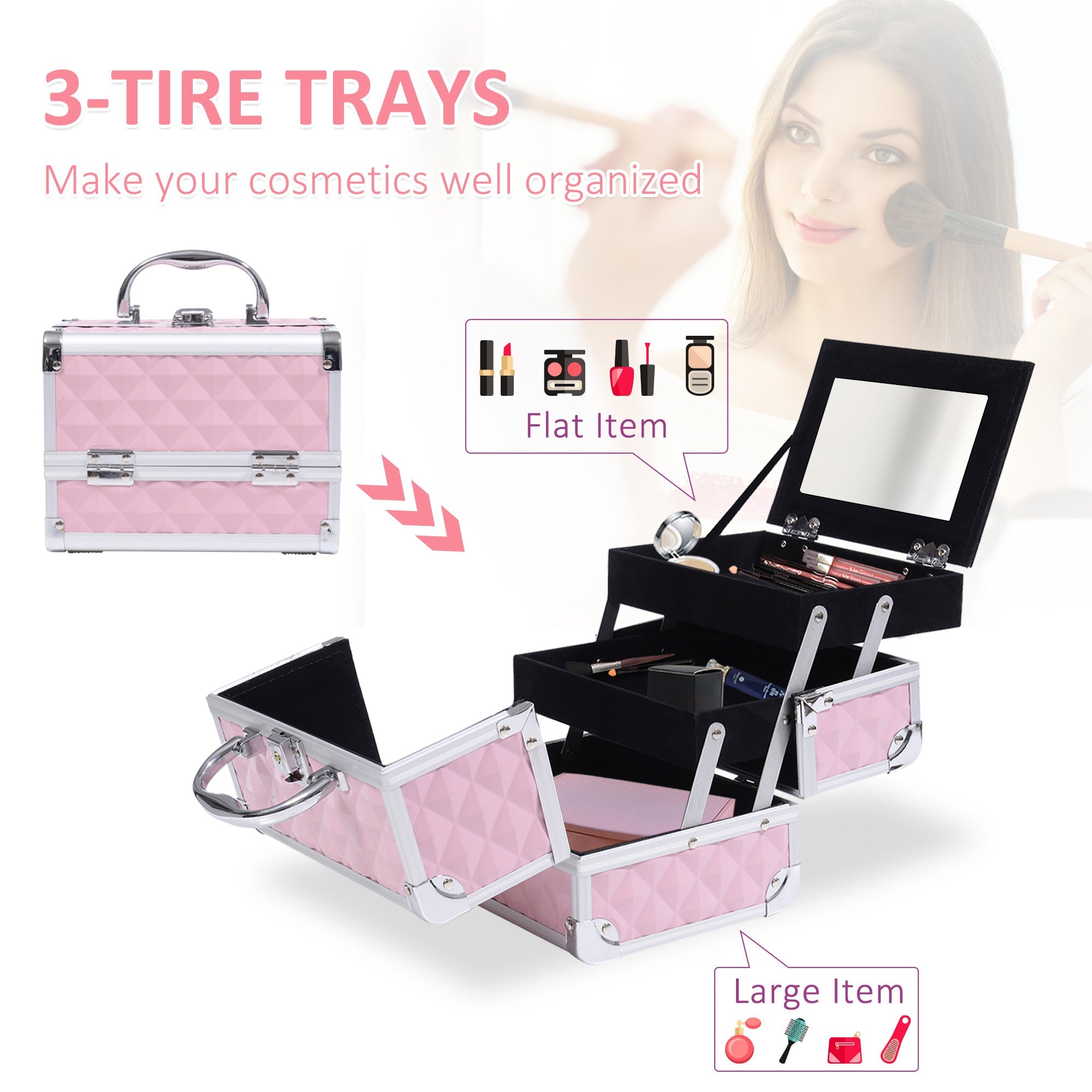 HOMCOM Cosmetic Train Case 3 Tier Diamond Texture Organizer with Mirror Portable Pink 8"x6"x6"