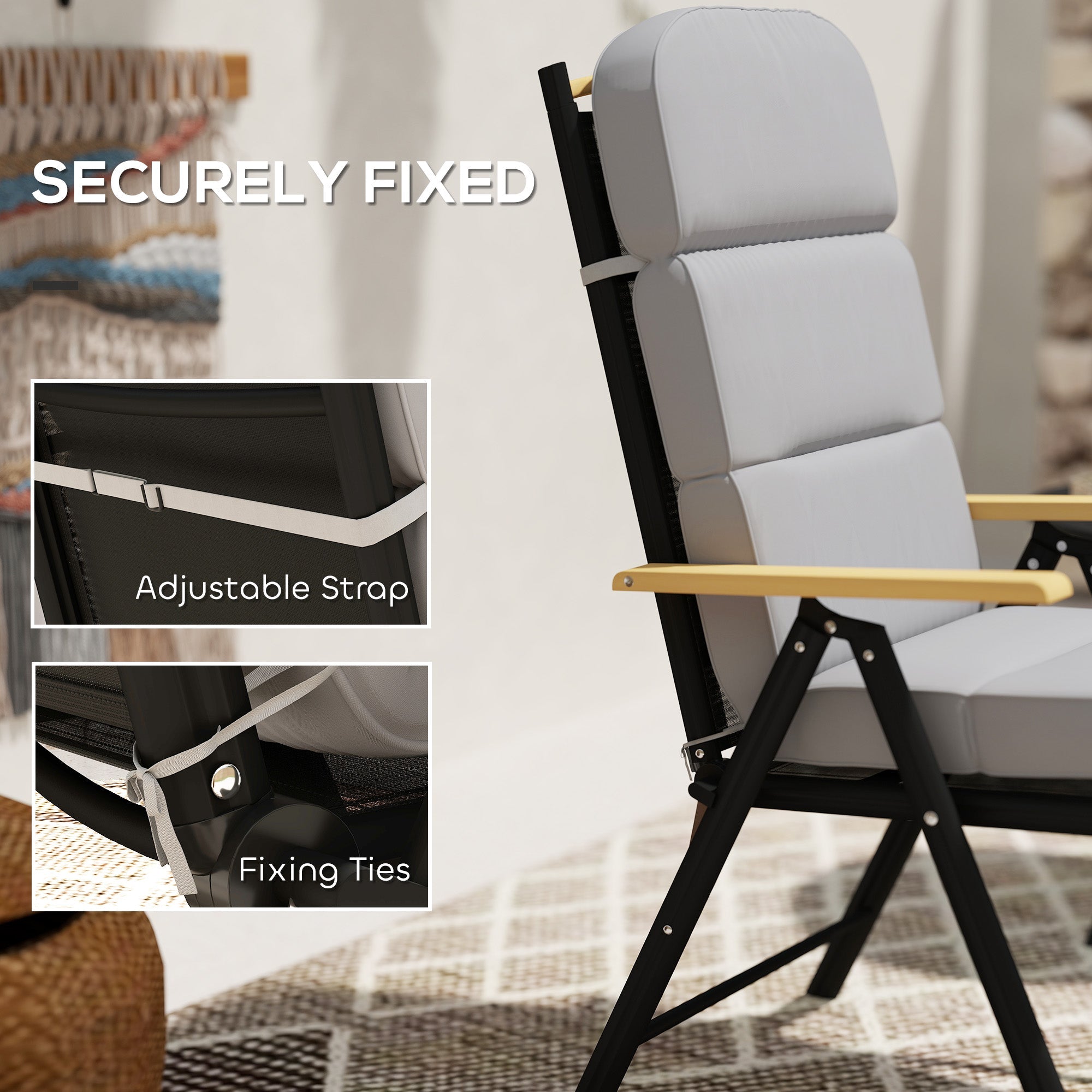 Outsunny Outdoor Seat Cushion with Back, Outdoor Chair Cushion with Ties and Adjustable Strap, UPF 20+Non-Slip Patio Cushion Replacement for Outdoor Chair, Light Grey