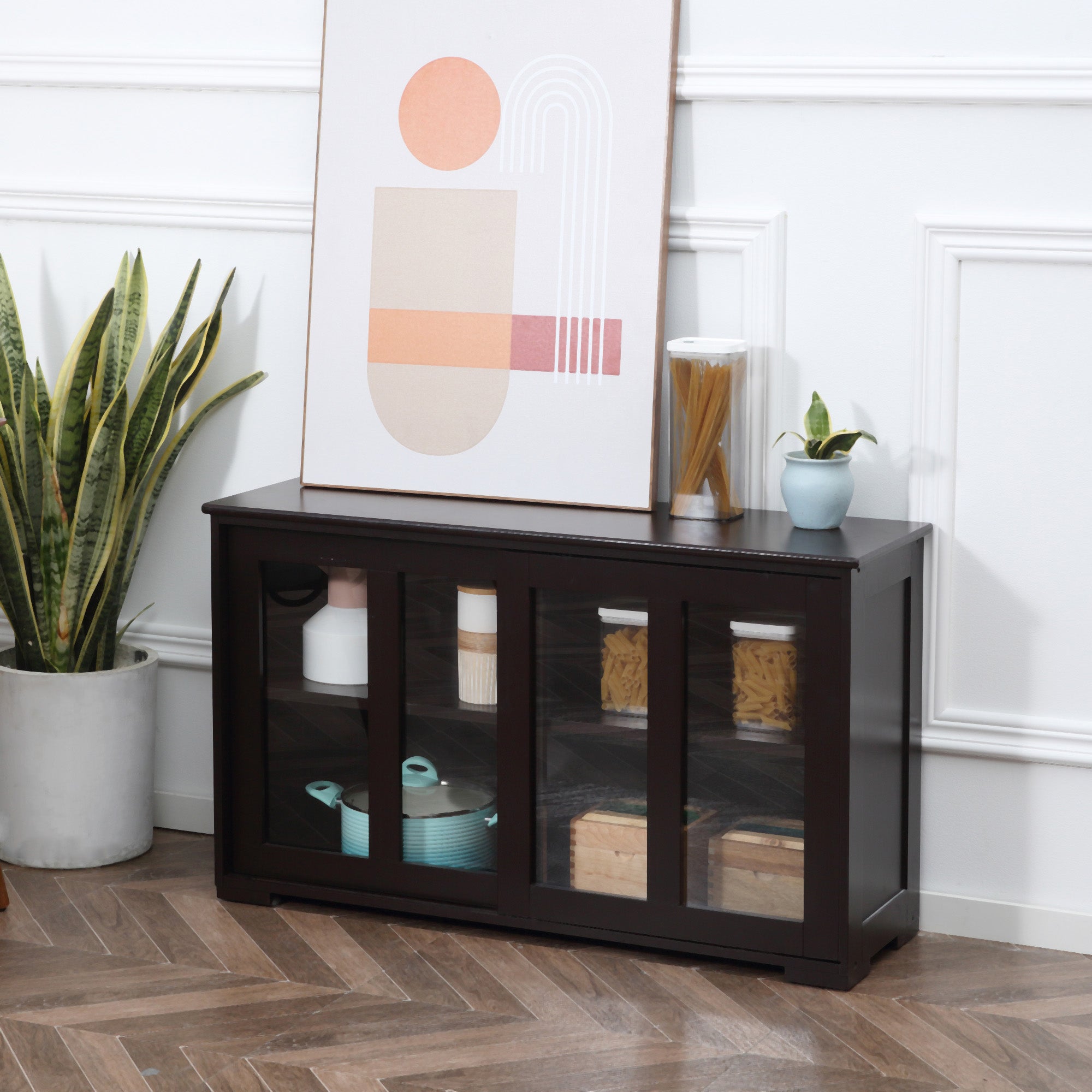 HOMCOM Modern Kitchen Sideboard Stackable Storage Cabinet Sliding Glass Door Console Cupboard Serving Buffet Coffee Furniture