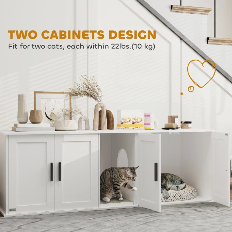 Cat Litter Box Enclosure with Double Room, Scratching Board for 2 Cats, 57" x 19" x 20", White
