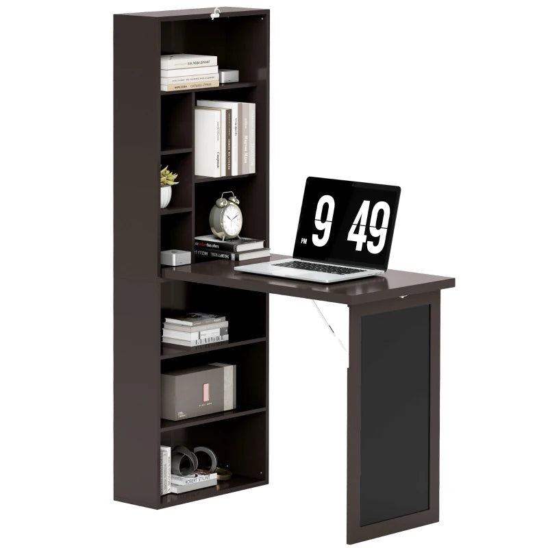 Fold-out Convertible Office Desk, Wall Mount Computer Desk with Blackboard and Side Shelf, Brown