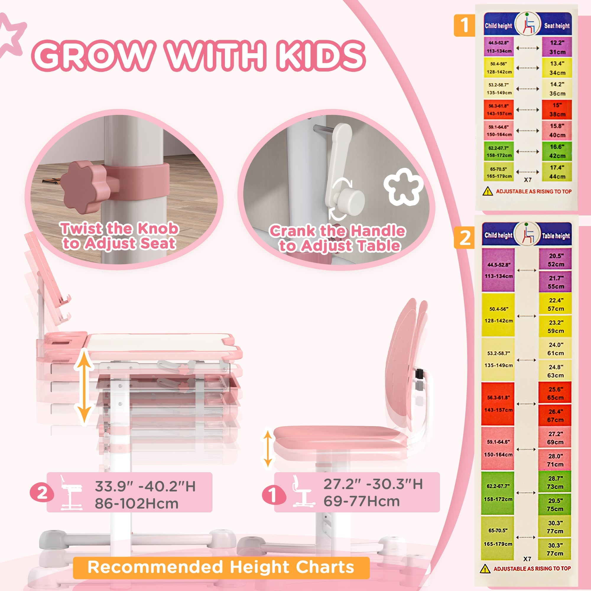 Qaba Height Adjustable Kids Desk and Chair Set with Tilt Desktop, Large Writing Board, Storage Drawer, Book Stand, Pink