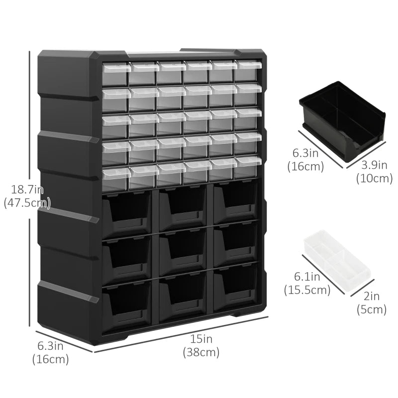 Plastic 39 Drawer Parts Organiser Wall Mount Storage Cabinet for Small Nuts Bolts Tool Black