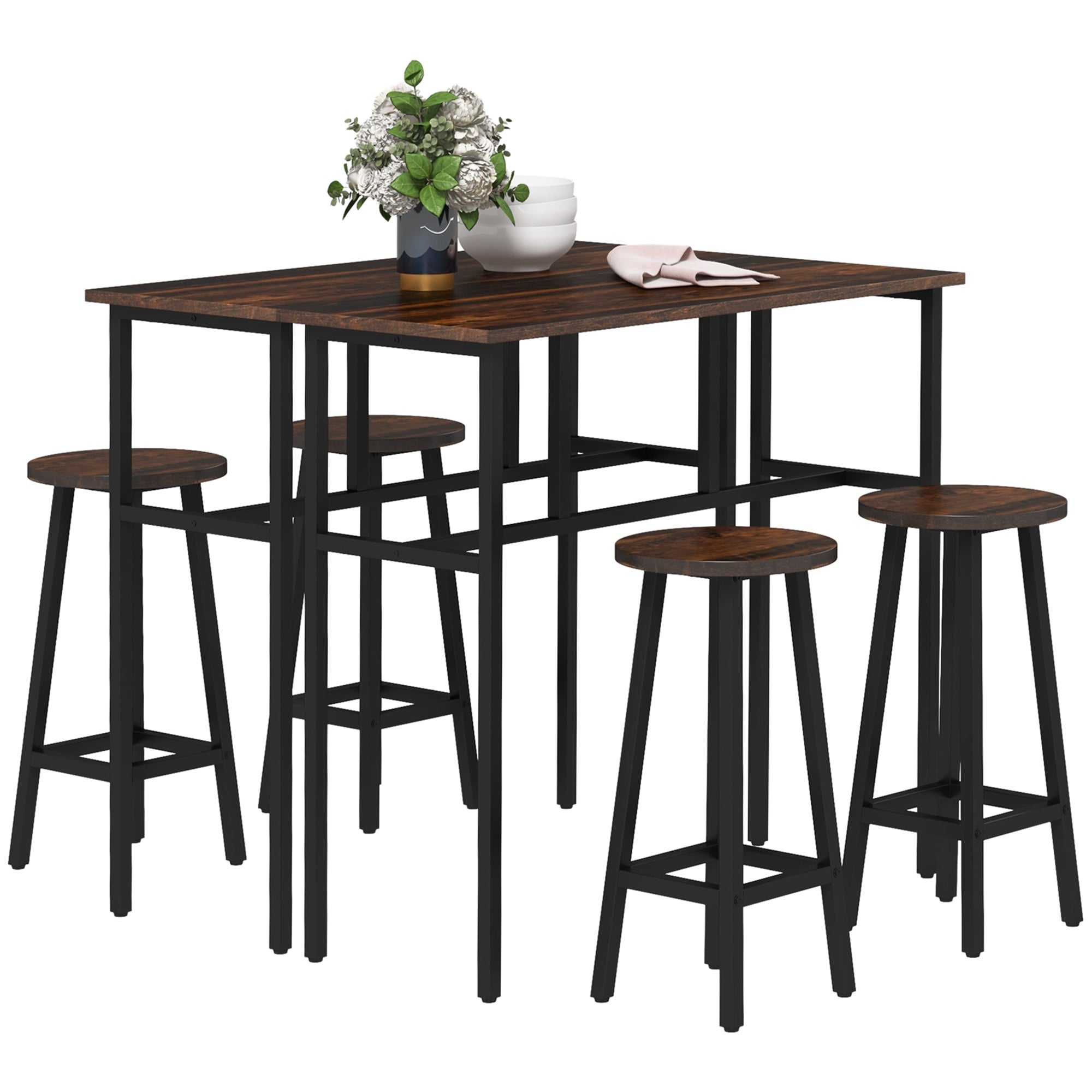 HOMCOM Bar Table Set of 6 Bar Table 4 Stools Living Dining Room Rustic Brown Furniture for Home Pub