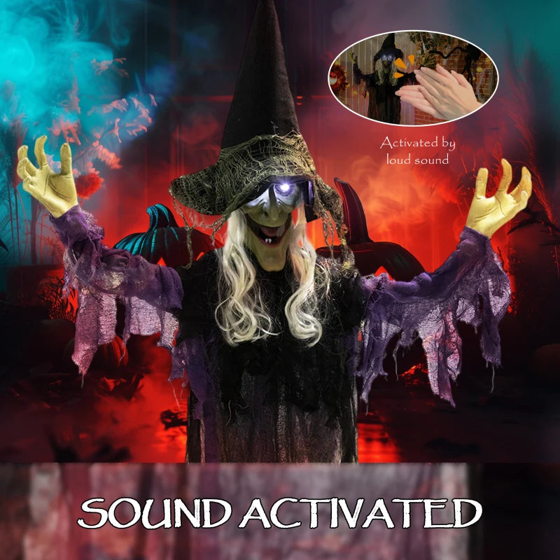 Outsunny Life-Size Animated Hanging Witch – Glowing LED Eyes, Battery Operated Halloween Decoration