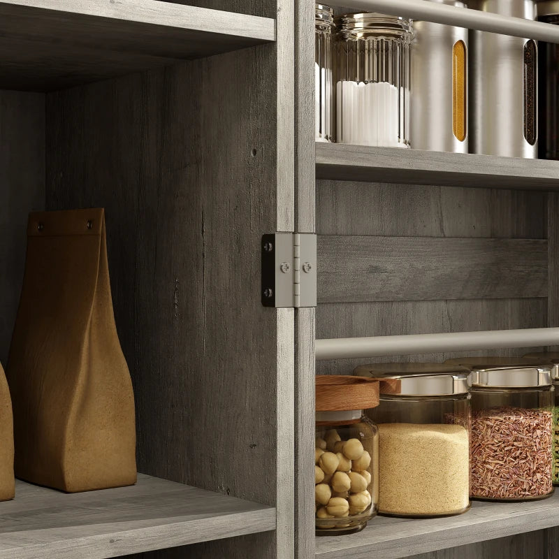 Farmhouse Kitchen Pantry Cabinet, Kitchen Cabinet with Barn Doors, Adjustable Shelves and Door Racks, Distressed Grey