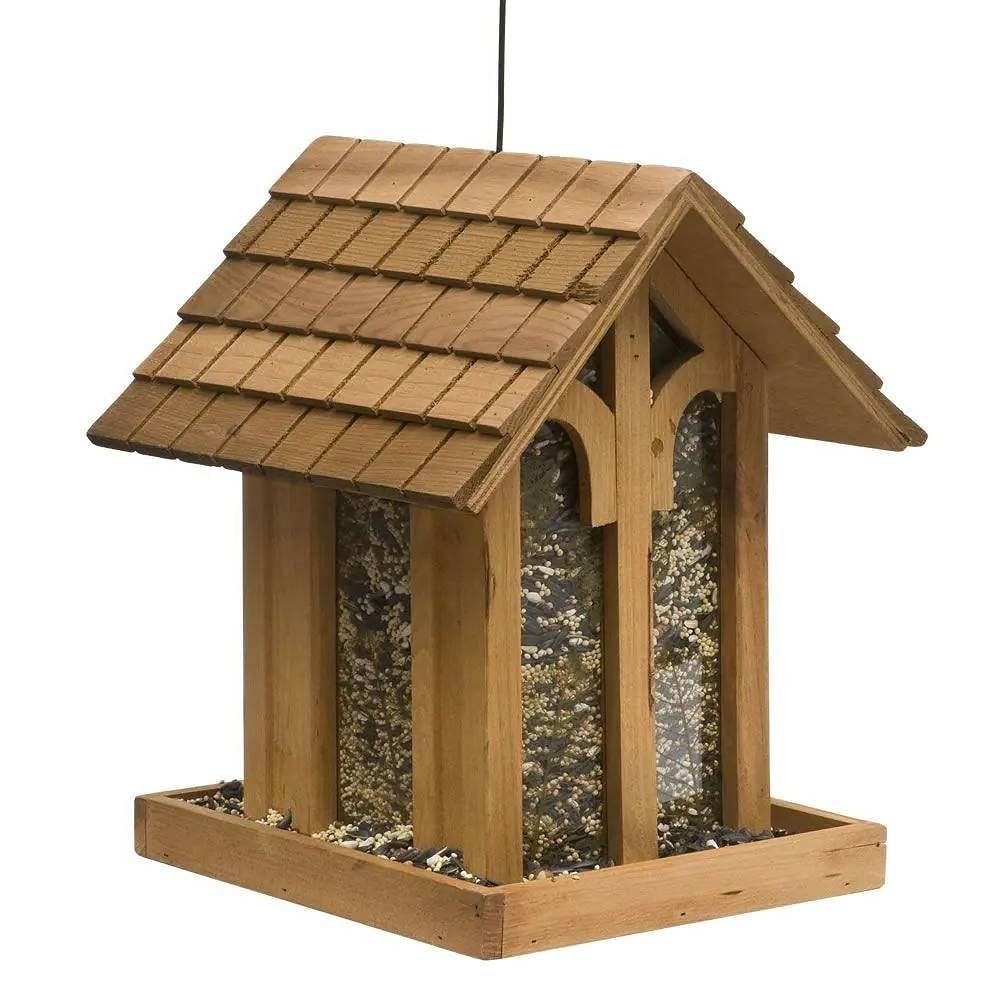 Wood House Shingled Roof Garden Bird Feeder with Perch - Free Shipping