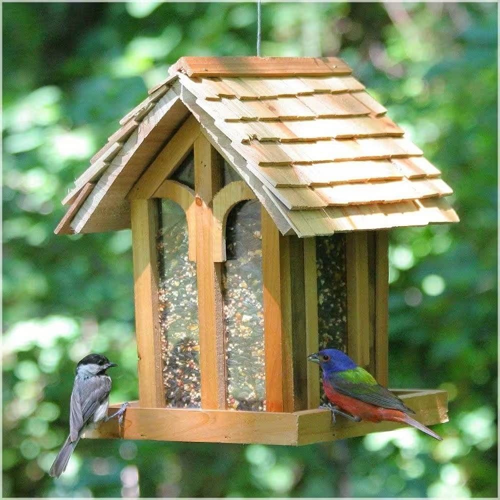 Wood House Shingled Roof Garden Bird Feeder with Perch - Free Shipping