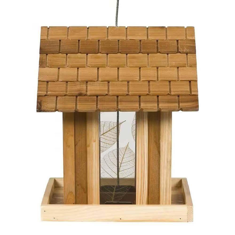Wood House Shingled Roof Garden Bird Feeder with Perch - Free Shipping