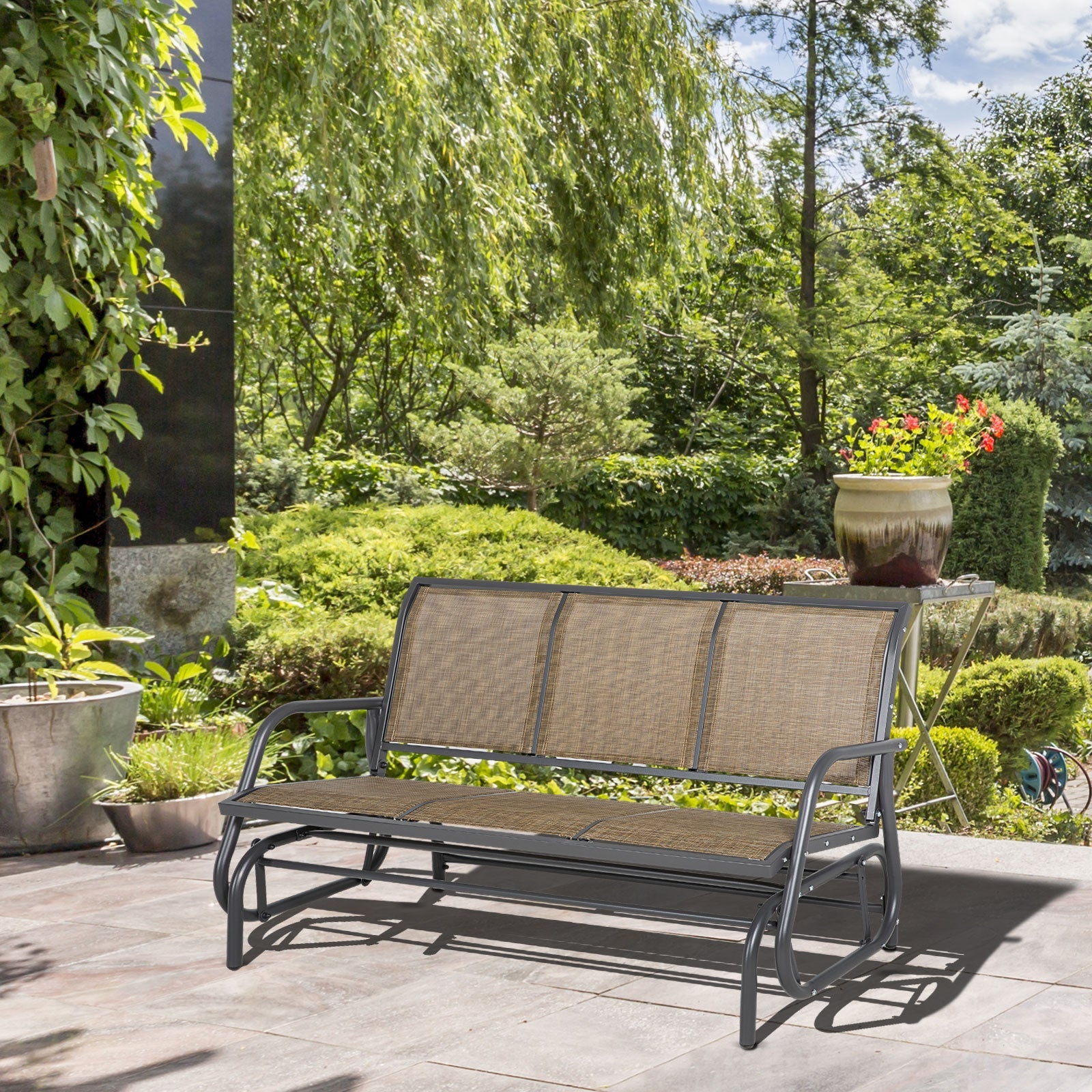 Outsunny 3-Seat Outdoor Glider Chair, Patio Rocking Chair, Steel Frame, Sling Fabric Seat for Garden, Backyard, Lawn, Brown