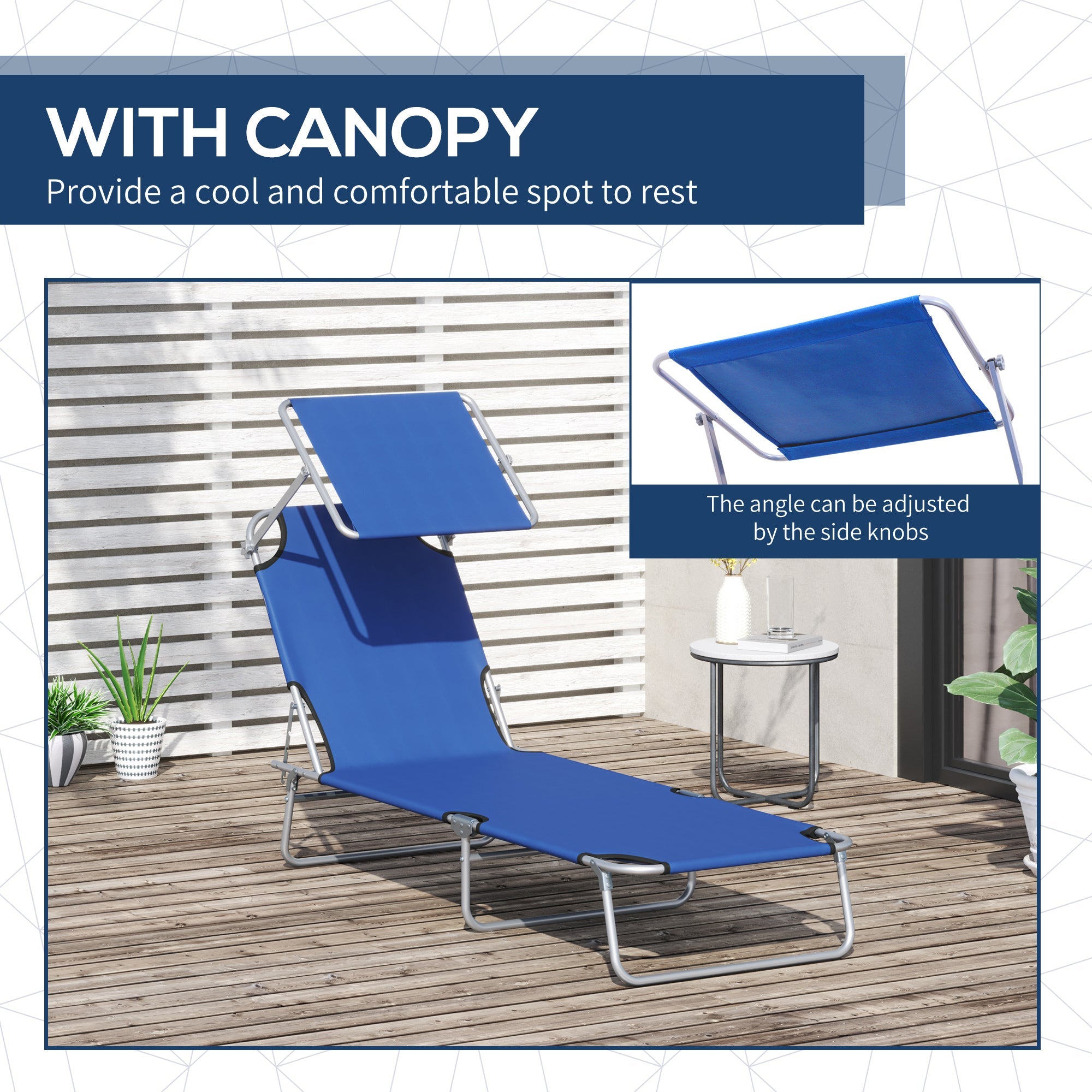 Outsunny Garden Chaise Lounge Adjustable Outdoor Camping Beach Bed with Sun Shade Portable Comfort Blue