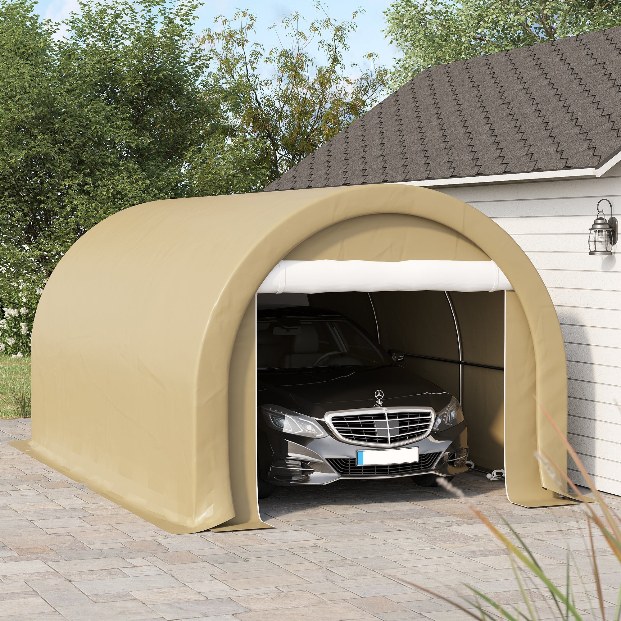 Outsunny Portable Carport 10'x16' Heavy Duty Tent with Zippered Door PE Cover Beige
