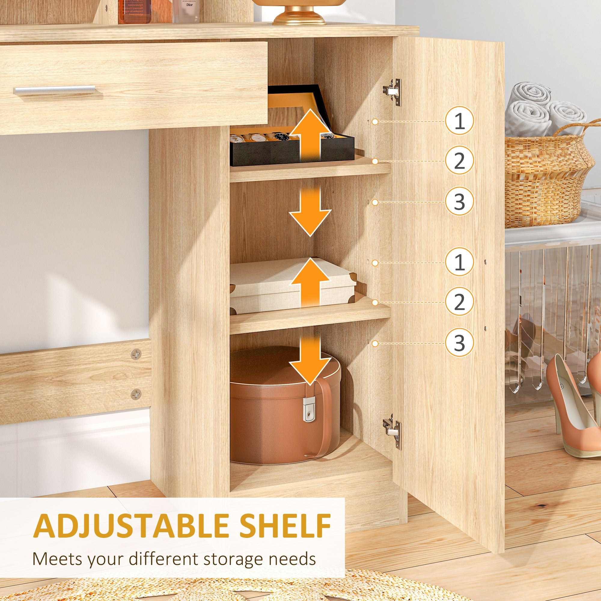 HOMCOM Dressing Table, Vanity Table with Mirror, Drawer and Storage Shelves for Bedroom, 35.4" x 15" x 54.3", Maple Wood