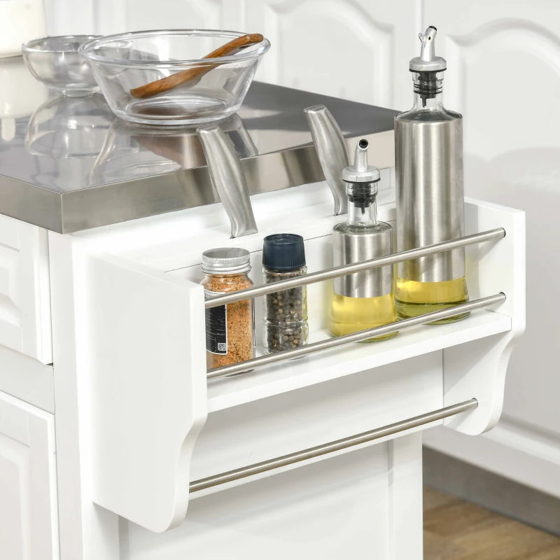 Kitchen Island on Wheels with Stainless Steel Top, Spice Rack, Drawers, Rolling Bar Cart with Storage, White