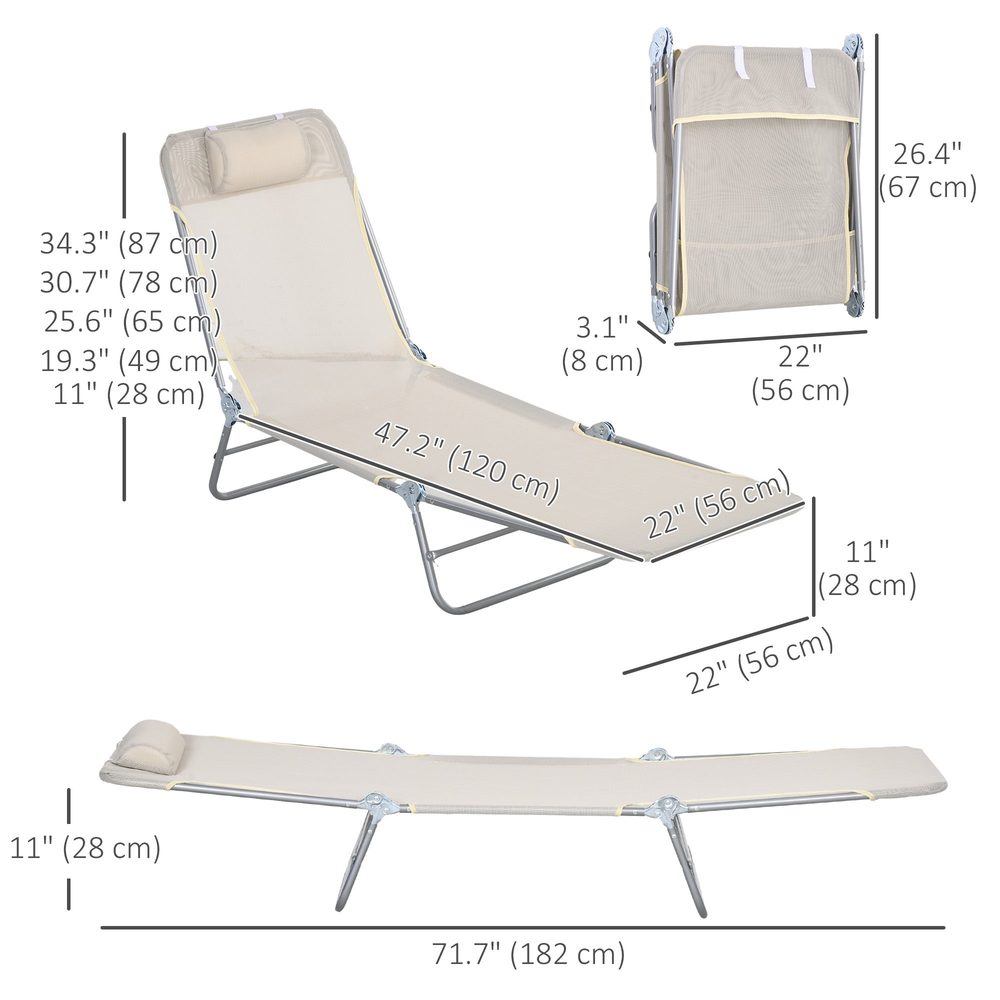 Outsunny Set of 2 Folding Chaise Lounge Chairs, Outdoor Poolside Sun Tanning Chairs w/ Pillow, Reclining Backrest, Cream White