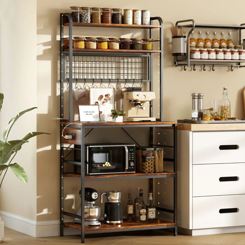 Kitchen Baker's Rack with Power Outlet and LED Light, 5-Tier Coffee Bar Station with 10 Hooks, Rustic Brown