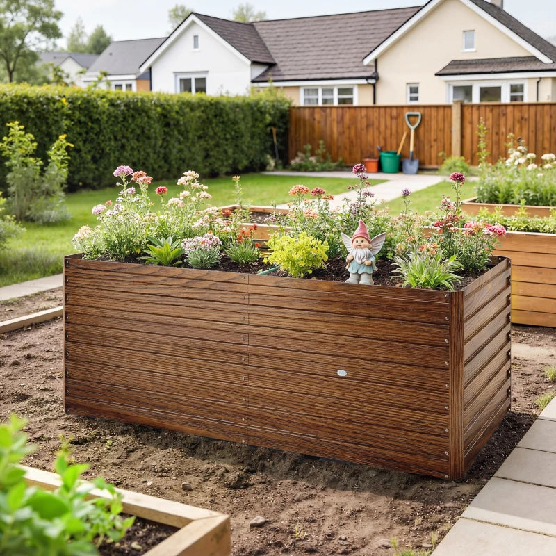 5' x 3' x 2' Raised Garden Bed, Galvanized Planter Box for Growing Flowers, Herbs and Vegetables Dark Brown Wood Effect