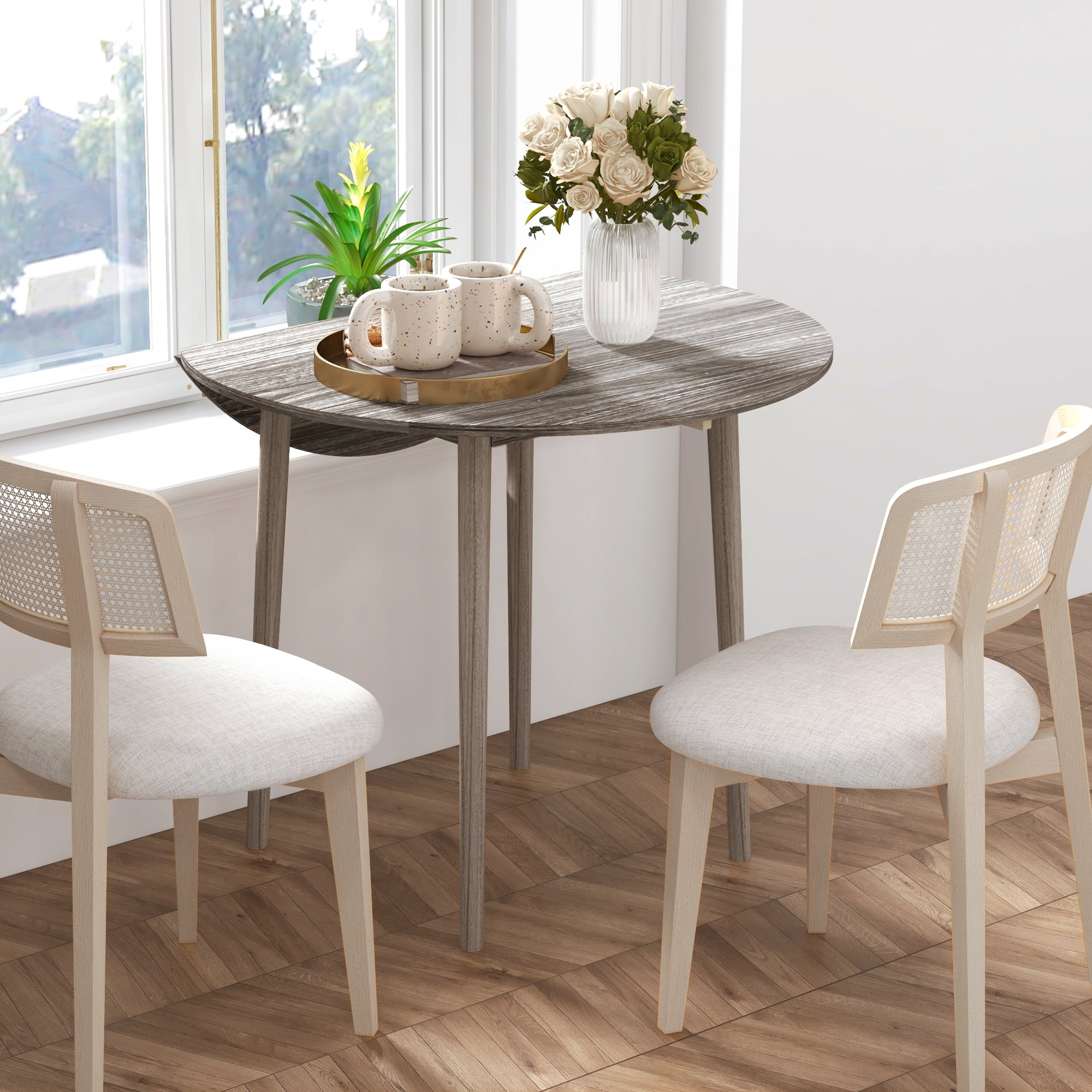 HOMCOM Folding Round Drop Leaf Kitchen Table Small Spaces Wood Legs Distressed Grey